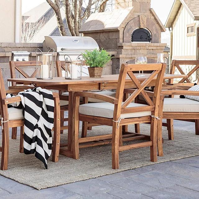 Walker Edison Maui Classic 7 Piece Acacia Wood Outdoor Dining Set with X Back Chairs, Set of 7, Brown
