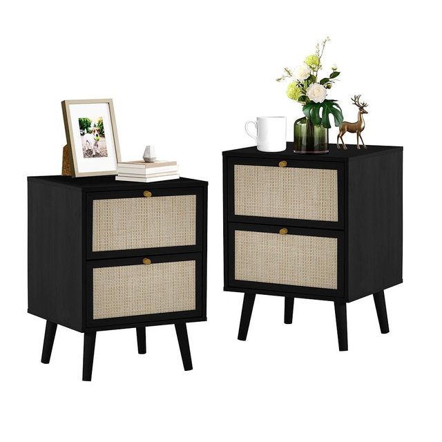 weselon Rattan Nightstand Set of 2, Wood End Tables with Drawers, Bedroom Bedside Table Storage Side Table for Bedroom Living Room (2, Black)