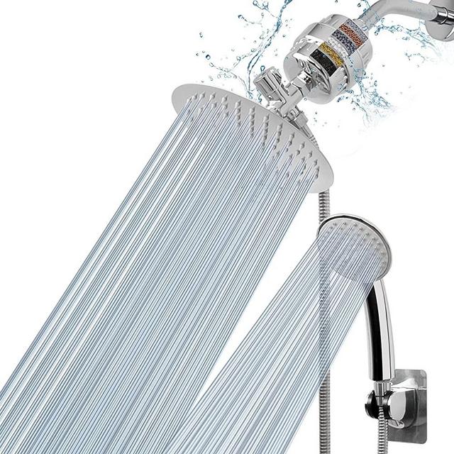 NearMoon Filtered Shower Head , High Pressure 8″Round Rain Shower Head and 5 settings Handheld Shower Filter Combo with Self-adhesive Holder/1.5M Hose -1 Replaceable Filter Cartridge, Chrome