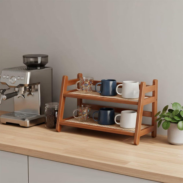 LUUTUUORA Bamboo 2-Tier Coffee Station Organizer, 14.6"×6.7"×10.6" Countertop Organizer, Matcha Station for Mugs, Cups, Bamboo Cups Holder for Kitchen, Coffee Bar, Matcha Stand, Home Décor-Dark Gray