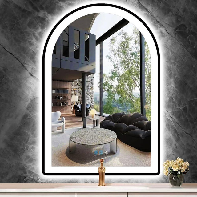 THEKLA 24 x 36 Inch Bathroom Black Arch Vanity Mirror with Light Black Frame Arch LED Mirror for Bathroom Wall Arched Lighted Mirror Anti Fog Dimmable 3 Color 36 Black Arched Smart LED Light up Mirror