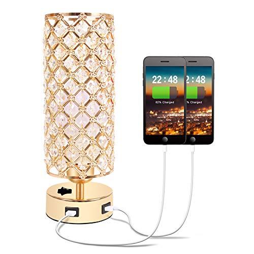 Hong-in Gold Crystal Table Lamp with Dual USB Charging Ports- Chic Nightstand Gold Lamp with Clear Crystal Beads Lampshade Metal Base Stylish Decorative Lamps for Bedroom, Living Room, Guest Room