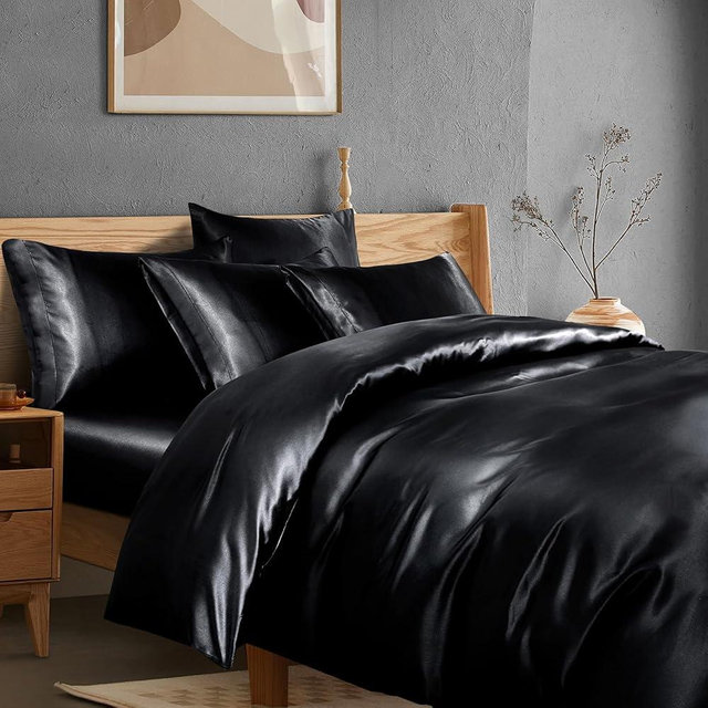Manyshofu 6Pcs Black Satin Duvet Cover Set Fitted Sheet Silky Cal King Duvet Cover - Not Comforter, Luxury Satin Comforter Cover Set - 1 Satin Duvet Covers, 1 Satin Fitted Sheet, 4 Pillowcases