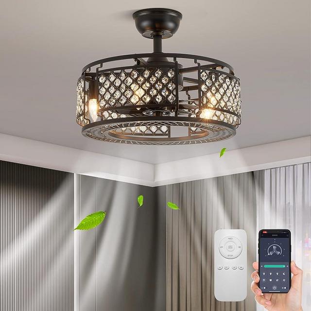 Bladeless Ceiling Fan Enclosed Black Cage Flush Mount Crystal Small Ceiling Fan with Lights and Remote Metal Fandelier for Bedroom Closet Garage 19.3”