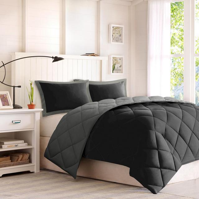 3pc Full/Queen Windsor Reversible Down Alternative Comforter Set with 3M Stain Resistance Finishing Black/Gray