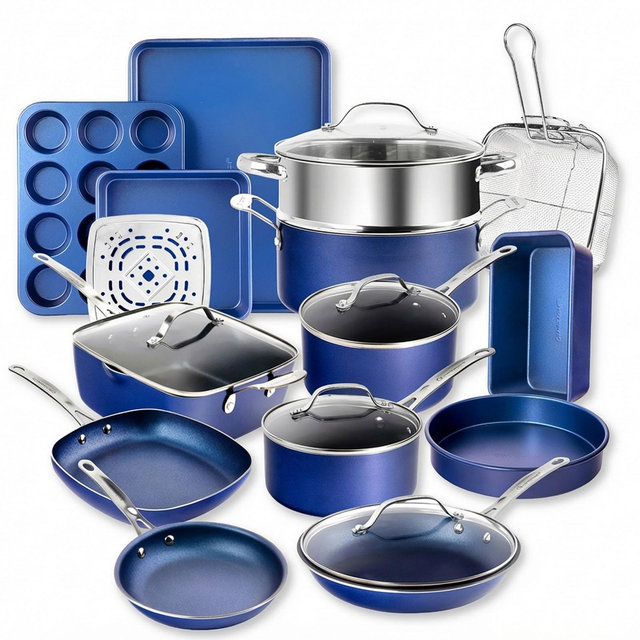 Granitestone Ceraluxe Pots and Pans Set 20 Pc Blue Ceramic Nonstick Cookware and Bakeware Set