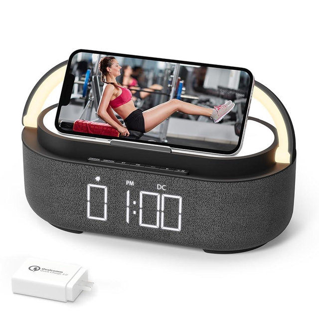COLSUR Bluetooth Speaker with Wireless Charger, FM Radio, Dimmable LED Night Light, Stereo Sound Dual Wireless Speakers, 2500mAh Portable Speaker for Home Decoration, Bedroom, Office, Gift