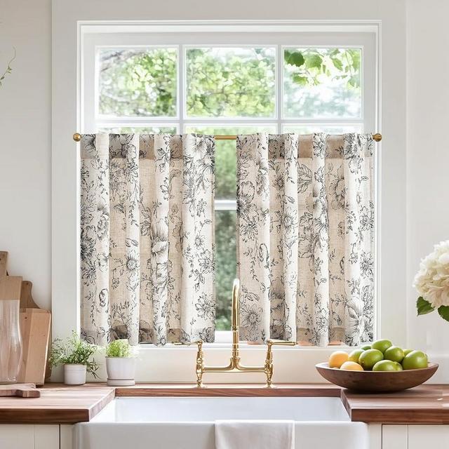 jinchan Linen Floral Tier Curtains 54 Inch Farmhouse Botanic Cafe Curtains Light Filtering Drapes for Small Windows Back Tab Half Window for Kitchen Living Room Bathroom 2 Panels Black