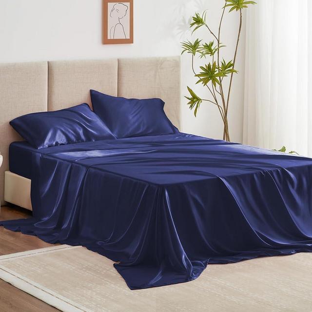Love's cabin California King Satin Sheet Sets - 4 Piece Navy Blue Silky Satin Sheets Bed Set with Deep Pocket, Luxury Silk Feel Satin Cal King Sheet Set (1 Flat Sheet,1 Fitted Sheet,2 Pillow Cases)