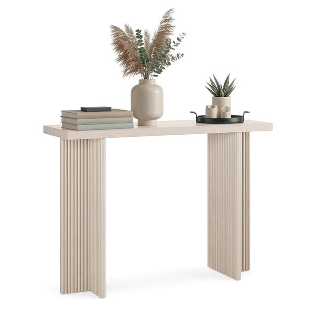 Stead Fluted Console Table – Weathered White Solid Wood Entryway Table with Oak Grain Veneer, Curved Base & Adjustable Feet – Modern Farmhouse Fluted Console Table for Hallway or Living Room.