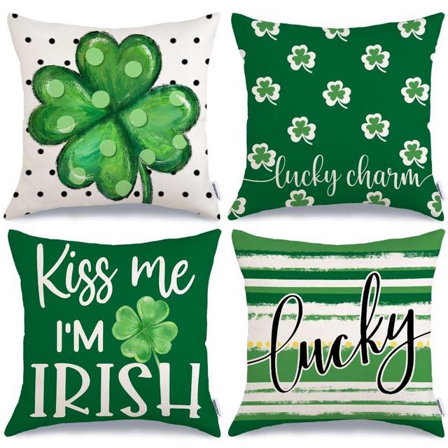 GEEORY St. Patrick's Day Pillow Covers 18 x 18 Inch Set of 4, Green Polka Dots Shamrock Lucky Charm Striped Lucky Farmhouse Throw Pillowcases for Home Sofa Couch Cushion Decoration G425-18