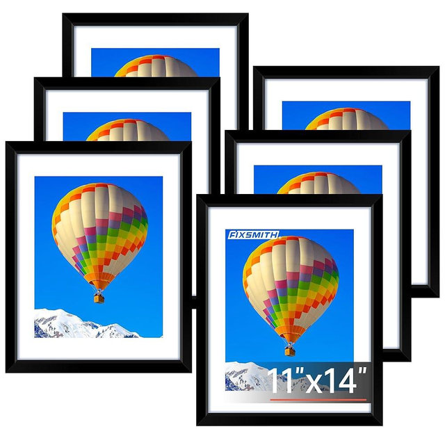 FIXSMITH 11x14 Picture Frame Set of 6, Black Photo Frames Bulk with HD Plexiglass, Display Pictures 8x10 with Mat or 11x14 Without Mat, Multi Picture Frames Collage for Wall Decor