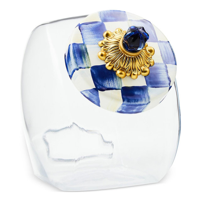Mackenzie-Childs Glass Cookie Jar with Royal Check Lid