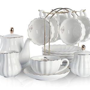 Porcelain Tea Sets British Royal Series, 8 OZ Cups& Saucer Service for 6, with Teapot Sugar Bowl Cream Pitcher Teaspoons and tea strainer for Tea/Coffee, Pukka Home (Pure White)