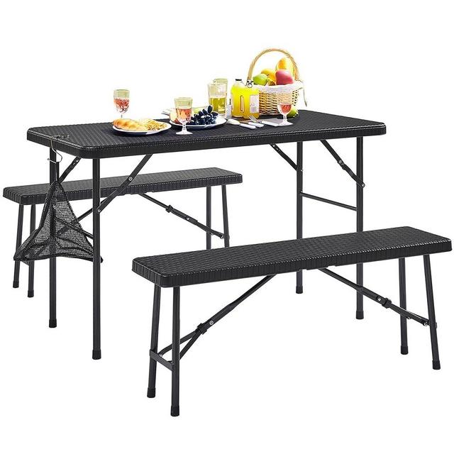 VECELO 3 Piece Folding Picnic Table with Benches, 47.2" Faux Rattan Patio Set with Mesh Bag, Heat-Resistant & Waterproof, for Indoor Outdoor Use, Black