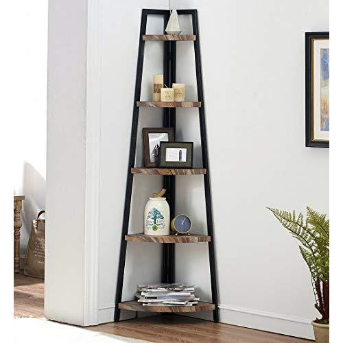 O&K FURNITURE 5 Shelf Industrial Corner Bookcase and Shelf, A-Shaped Display Corner Storage Rack Bookshelf-70-Inch, Vintage Brown