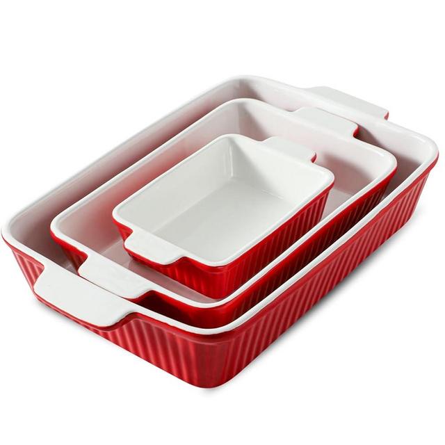 Hasense Casserole Dishes for Oven, Rectangular Baking Dishes Set of 3, Porcelain 9 x 13 Inches Lasagna Pans Deep, Ceramic Baking Pans Set for Cooking, Birthday Gifts, Red