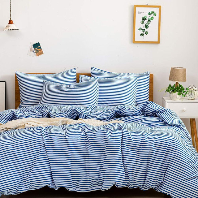 JELLYMONI 100% Natural Cotton 3pcs Striped Duvet Cover Sets,White Duvet Cover with Blue Stripes Pattern Printed Comforter Cover,with Zipper Closure & Corner Ties(Queen Size)