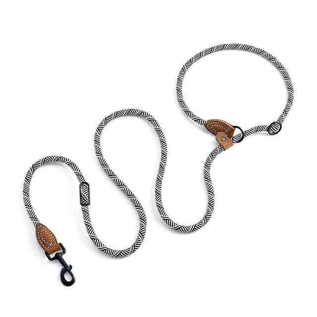 Mile High Life | Dog Rope Leash with Genuine Leather Tailored Connection | Dog Slip Lead | Dual Configuration | with Heavy Duty Metal Sturdy Clasp (White 7 FT Hand Free)