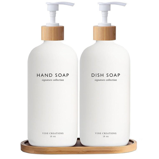 Vine Creations White Glass Soap Dispenser Set, Hand Soap and Dish Soap Dispenser Set with Bamboo Tray, 16 oz Glass Dispensers Bottle for Kitchen and Bathroom Decor Modern Boho with Bamboo Pump (White)