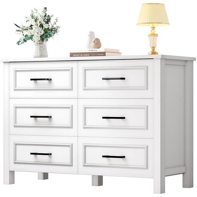 DWVO Farmhouse Wooden Dresser TV Stand with Power Outlet, 6-Drawer Dresser with Large Storage Drawers and Bar Handles, Ideal for Bedroom, Living Room, Hallway, 47.2" x 15.7" x 33.4" - White