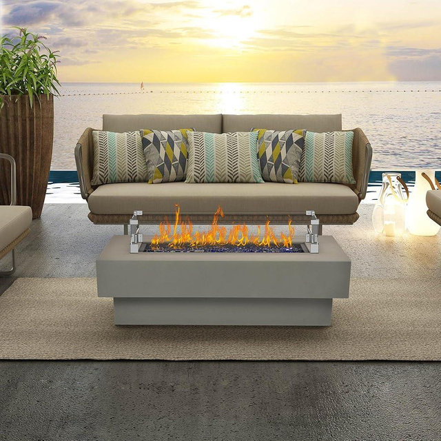 Outdoor Low Profile Fire Table with Wind Glass Shield, 48-inch Rectangle Propane Gas Fire Pit Table, 50,000 BTU Modern Firepit w/Lid, Fire Glass, Cover, Pre-Attached 10ft Propane Hose