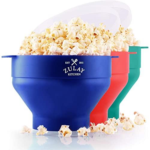 Zulay Kitchen Collapsible Silicone Popcorn Maker - BPA Free Silicone Popcorn Bowl Microwave - Collapsible Bowl, Quick & Easy Popcorn Popper (Blue)