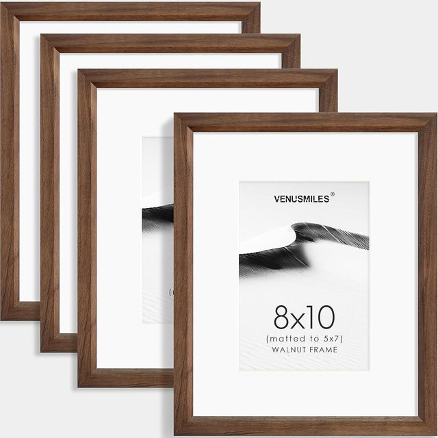 Venusmiles 8x10 Picture Frame Set of 4 Natural Solid Walnut Photo Frames with 5x7 Removable Mat Wall Hanging Large Handcrafted Frame with HD Plexiglass Wall and Tabletop Display Large Poster Frame