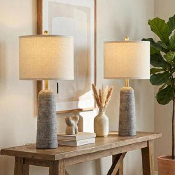 BOBOMOMO 27.25" Modern Table Lamp Set of 2, Light Grey Resin Table Lamps with Stone Look, Lamps for Living Room with Linen Shades, Bedroom Nightstand Lamps, Table Lamps for Living Room End Tables