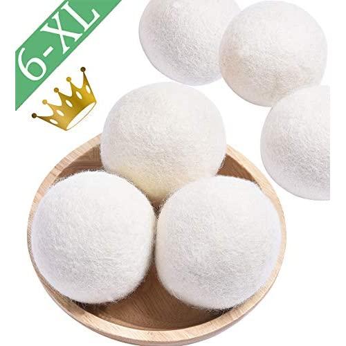 Wool Dryer Balls Organic, 6 Pack XL Natural Fabric Softener 100% New Zealand Wool, Chemical Free Eco Wool Dryer Balls Laundry, Handmade Reusable Balls Reduce Wrinkles & Shorten Drying Time