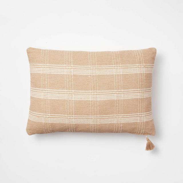 Woven Plaid Lumbar Throw Pillow with Tassel Zipper Camel/Cream -Threshold™ designed with Studio McGee