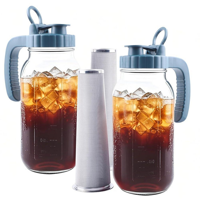 Mason Jar Pitcher With Stainless Steel Filter 64 OZ 2 Pack Wide Mouth Cold Brew Coffee Maker 2 Quart Glass water pitcher with lid Half Gallon Cold hot Tea maker For Lemonade Milk Juice Refrigerator