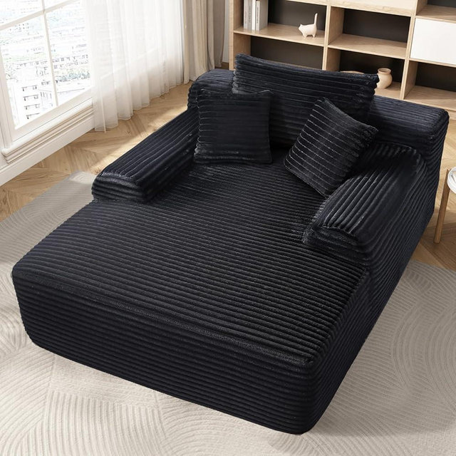 Yomsum 65'' Chaise Lounge Chair Indoor, Black Corduroy Sofa Bed, Boneless Lounge Chair, Oversized Sleeper Sofa, Black Corduroy Cloud Couch Reading Chair for Living Room No Assembly