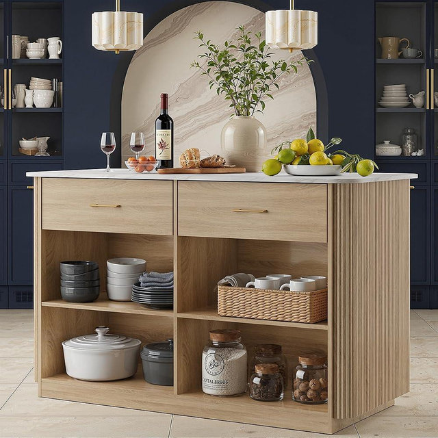 Vitalikus Large Kitchen Island with Storage and Seating, 60" Fluted Stationary Islands Table with Faux Marble Worktop, 2 Drawers, Open Shelves, Mid Century Modern Coffee Bar Cabinet for Dining Room