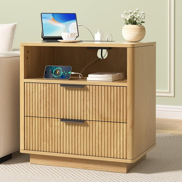 HOMMPA 24'' Fluted Nightstand with Charging Station, Modern Bedside Table with Storage, 2 Drawer Beside End Table with Open Shelf, Mid Century Modern Wood Night Stand for Bedroom, Living Room