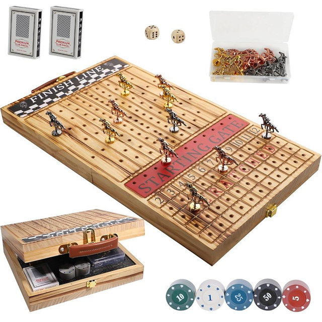 Wahartoly Horse Race Board Game - Foldable Horse Racing Game with Cards and Dice，11 Luxury Metal Horses 100 Chip, Foldable Design Holds All Pieces,Portable Board Game for Family Nights & Parties