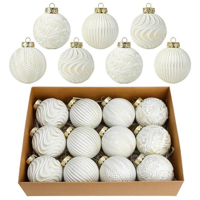White and Gold Christmas Ornaments Set, 12 Pcs 3.15 inches Christmas Tree Decorations Large Shatterproof Vintage Neutral Farmhouse Xmas Ornaments for Christmas Tree Home Decor Indoor Outdoor