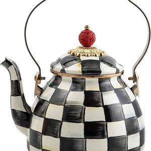MACKENZIE-CHILDS Enamel Tea Kettle, Stylish Tea Kettle for Stovetop, Black-and-White Courtly Check, 2 Quarts