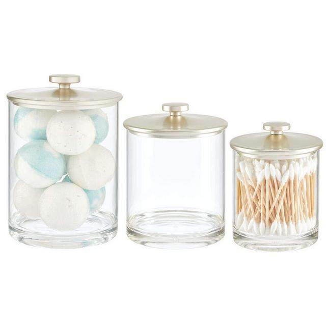 mDesign Plastic Round Bathroom Vanity Countertop Storage Organizer Apothecary Canister Jar for Cotton Swabs, Rounds, Balls, Makeup Sponges, Bath Salts, Set of 3, Small/Medium/Large - Clear/Matte Satin