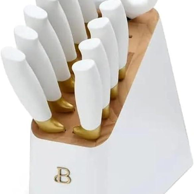 Beautiful 12 Piece Stainless Steel Knife Block Set, Ergonomic Soft-Grip Handles, Elegant knife for Cooking White Icing by Drew Barrymore