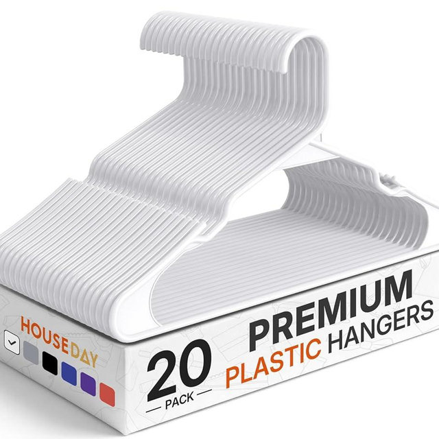 HOUSE DAY White Plastic Hangers 20 Pack, 0.25" Slim Space Saving for Closet, Dorm, Laundry, 7 lb Heavy Duty – Clothes Hangers Non-Slip Notches Perfect for Shirts, Dresses, Coats, Pants