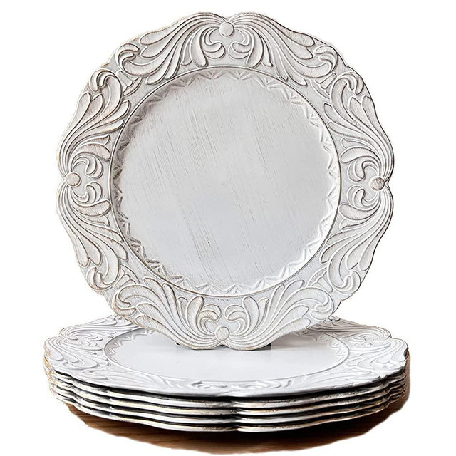 Umisriro Antique White Charger Plates with Gold Rim, 13" Embossed Plastic Table Chargers for Dinner Plate, Set of 6 Elegant Wedding Decor.