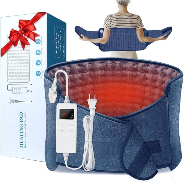 IGXHAVIZ Heating Pad for Back Pain Relief, 12"x24"+20" Large Electric Heating Pad for Period Cramps Neck Shoulders with Belt, 4 Timer 6 Heat Setting & Auto Shut Off, Moist Heat Pad for Women (Blue)