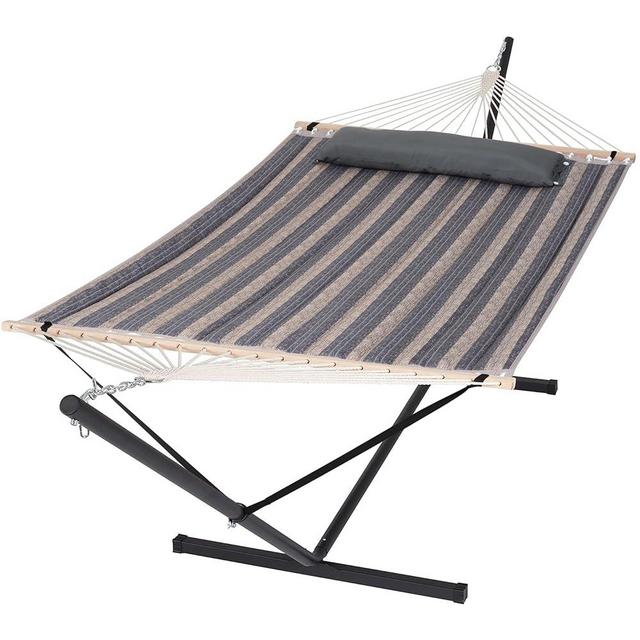 SUNCREAT Hammock with Stand 2 Person Heavy Duty, Freestanding Hammock with Spreader Bar, Soft Pillow, Gray Stripes