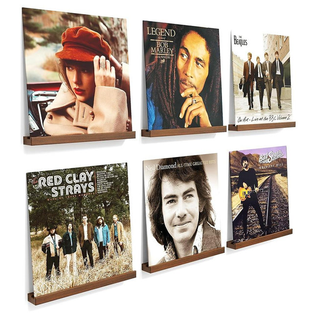 Emfogo Vinyl Record Shelf Wall Mount, 6 Pack Album Record Holder Wall, 12 inch Vinyl Record Storage Shelves Wall, Wood Record Display for Living Room (Walnut)