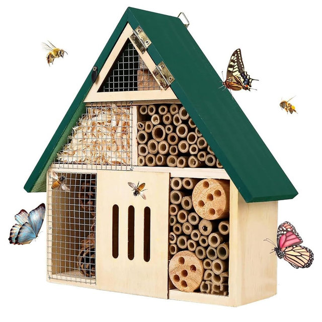 Bee House Hanging Insect Hotel – Natural Wooden Bee Hotel for Outdoors, DIY Insect Shelter for Garden, Yard, or Balcony – Attracts Pollinators Like Bees, Butterflies & Ladybugs