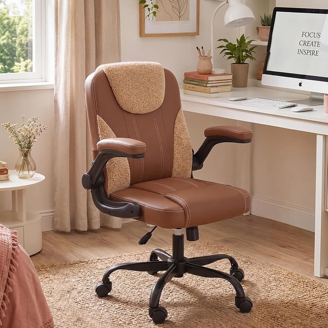 Pinmoco Comfortable Home Office Chair for Long Hours Sitting, Ergonomic Desk Chair with Teddy Fleece & PU Leather, Adjustable Swivel Computer Chair for Work from Home, Bedroom and Vanity Space, Brown