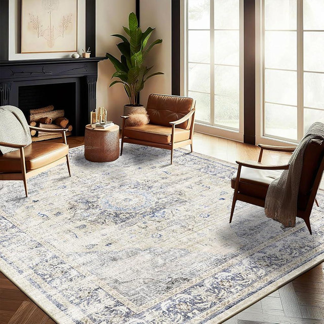 CHAMPLANT Washable Area Rug 8'x10' Floral Blue Boho Design Non-Shedding Non-Slip Easy Care Ideal for High Traffic Areas in Living Room Bedroom Office Coffee Table Kitchen Large Carpet