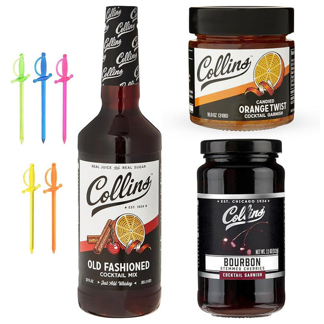 Collins Old Fashioned Kit, Cocktail Gift Set with Old Fashioned Mix, Bourbon Cherries, Candied Orange Garnish & Picks, Mixology Gift Set of 4 for Party Drinks, Holiday Celebrations and Christmas Gifts
