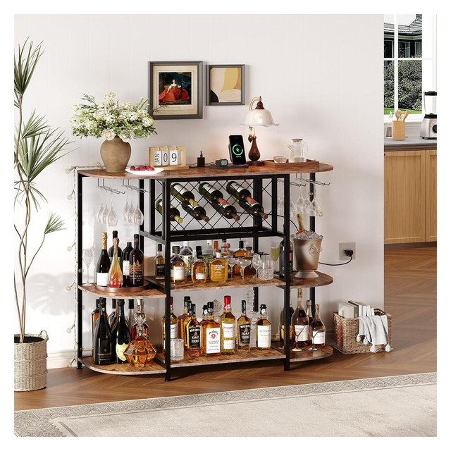Bar Cart with Power Outlet, Home Bar Cabinet for Liquor
